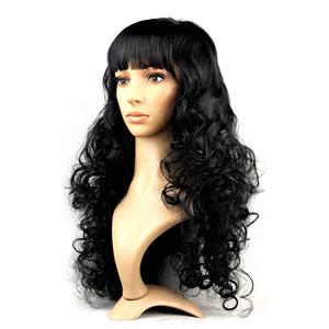 Fashion Long Wave Wig, Black Bangs Small Wave Wig, Sexy Masquerade Small Wave Wig, Fashion Party Long Wave Wig, Cosplay Long Black Wave Wig, #MS16083