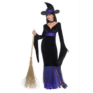 Fashion Black-purple Witch Deep-V Maxi Dress Adult Halloween Cosplay Costume N18175