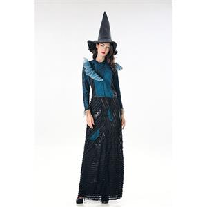 Fashion Black Witch Ruffle Maxi Dress Adult Halloween Cosplay Costume N18010