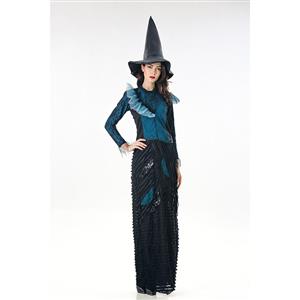 Fashion Black Witch Ruffle Maxi Dress Adult Halloween Cosplay Costume N18010