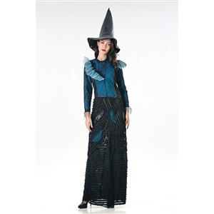 Fashion Black Witch Ruffle Maxi Dress Adult Halloween Cosplay Costume N18010