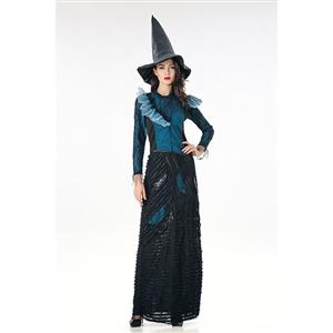 Fashion Black Witch Ruffle Maxi Dress Adult Halloween Cosplay Costume N18010