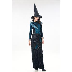 Fashion Black Witch Ruffle Maxi Dress Adult Halloween Cosplay Costume N18010