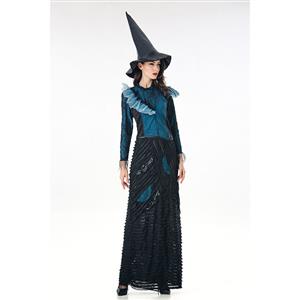 Fashion Black Witch Ruffle Maxi Dress Adult Halloween Cosplay Costume N18010