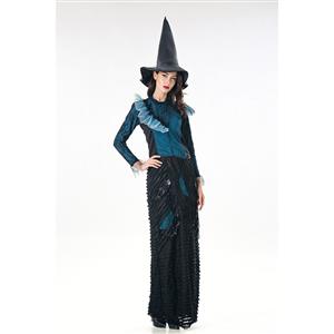 Fashion Black Witch Ruffle Maxi Dress Adult Halloween Cosplay Costume N18010