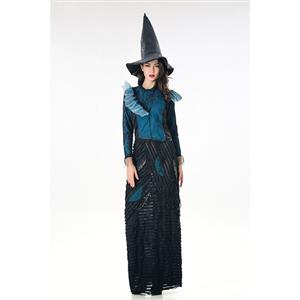 Fashion Black Witch Ruffle Maxi Dress Adult Halloween Cosplay Costume N18010