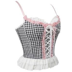 Vintage-Style Gingham Corset Top with Lace Trim - Women's Fashion Blouse N23749