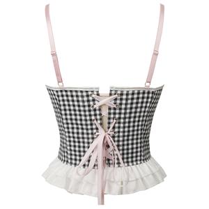 Vintage-Style Gingham Corset Top with Lace Trim - Women's Fashion Blouse N23749