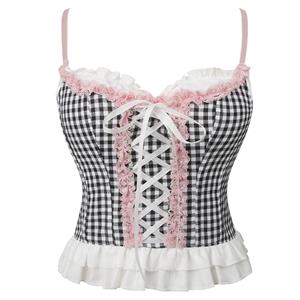 Vintage Corset Top, Gingham Blouse, Lace Trim Top, Women's Fashion, Ruffled Hem, Adjustable Straps, Elegant Blouse, Casual Wear, Formal Wear, Stylish Top #N23749
