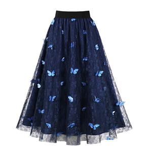 Fashion Blue Victorian Gothic Mesh Double Layered Elastic Band High Waist Skirt N23034