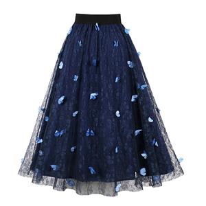 Fashion Blue Victorian Gothic Mesh Double Layered Elastic Band High Waist Skirt N23034