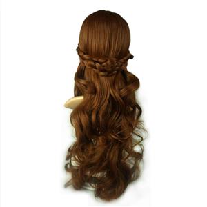 Women's Fashion Brown Big Wave Bangs Anna Cosplay Wig Long Curly Hair With Braids MS20903