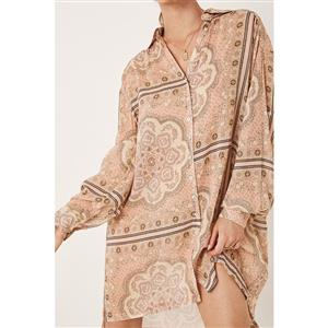 Fashion Printed Lapel Long Sleeves Loose Waist Casual Summer Beachwear Shirt Dress N21736