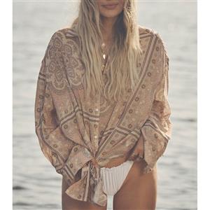 Fashion Printed Lapel Long Sleeves Loose Waist Casual Summer Beachwear Shirt Dress N21736