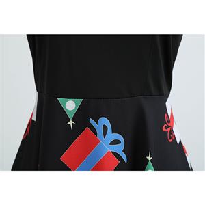 Fashion Gift Box Pattern Splice Long Sleeves High Waist Belted Christmas A-line Dress N19635