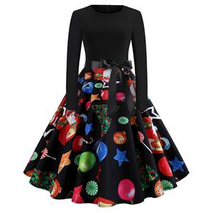 Fashion Christmas Cartoon Pattern Splice Long Sleeve High Waist Belted Midi Dress N19636