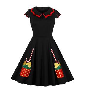 Vintage Dress for Women Christmas Gift, Christmas Dresses for Women Cocktail Party, Casual Swing Dress, Long Sleeves High Waist Swing Dress, Christmas Tree Print Dress, Christmas Party Dress, #N20027