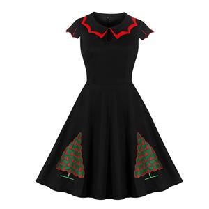 Fashion Christmas Tree Pattern Wavy Bat-shaped Lapel Cape Sleeve Party Midi Dress N20049