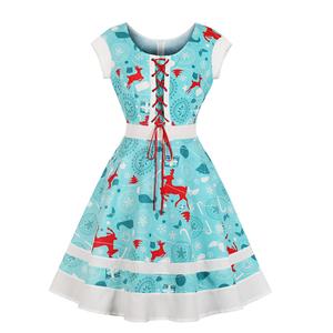 Fashion Round Neck Christmas Reindeer Print Lacing-up Short Sleeves High Waist Swing Dress N18378