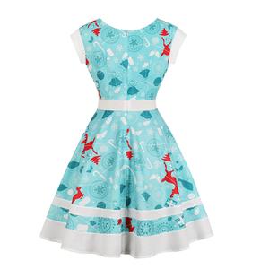 Fashion Round Neck Christmas Reindeer Print Lacing-up Short Sleeves High Waist Swing Dress N18378