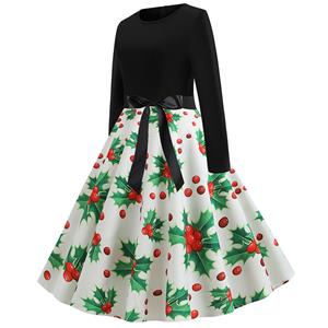 Fashion Cherry Pattern Splice Long Sleeves Round-Neck High Waist Christmas Swing Dress N19632