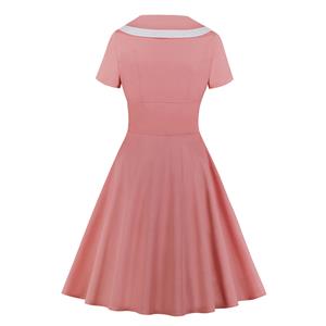 Vintage Classic Double-breasted Lapel Short Sleeve Cotton High Waist Midi Dress N20139