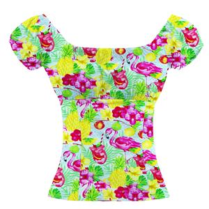Fashion Casual Tropical Style Flamingo Printed Short Sleeve Off Shoulder Blouse N18023