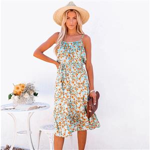Fashion Floral Print Spaghetti Straps Ruffle Backless Lace-up Midi Sling Dress N21189