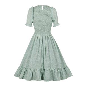 Fashion Floral Print Round Neckline Puff Sleeve Elastic Bodice Ruffle Trim Summer Swing Dress N21835