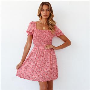 Fashion Red Floral Print Square Collar Short Sleeve Backless Elastic Waist Summer Dress N21104