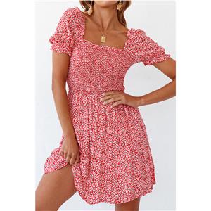 Fashion Red Floral Print Square Collar Short Sleeve Backless Elastic Waist Summer Dress N21104