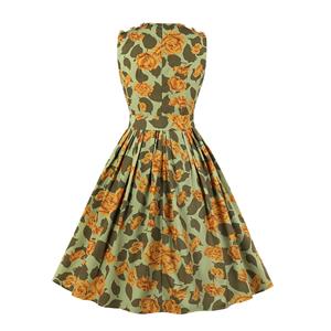 Sexy Floral Print Round Neck Sleeveless Button High Waist Cocktail Party Swing Dress N20968