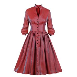 Vintage Gradient High Neck Cut-out Front Button Puff Sleeve High Waist Party Midi Dress N19945