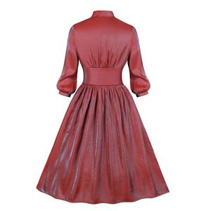 Vintage Gradient High Neck Cut-out Front Button Puff Sleeve High Waist Party Midi Dress N19945