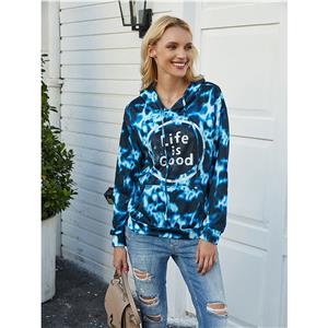Fashion Women's Blue Print Long Sleeve Pullover Hoodie Drawstring T-shirt Tops N20625
