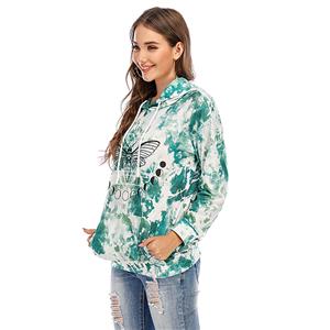 Loose Women's Green Print Long Sleeve Pullover Hoodie Drawstring T-shirt Tops N20626