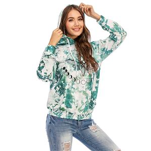 Loose Women's Green Print Long Sleeve Pullover Hoodie Drawstring T-shirt Tops N20626