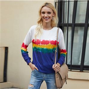 Casual Women's Rainbow Gradient Print Round Neck Long Sleeve T-shirt Pullover Blouses N20628