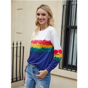 Casual Women's Rainbow Gradient Print Round Neck Long Sleeve T-shirt Pullover Blouses N20628