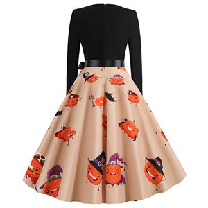 Fashion Halloween Pumpkin Printed Long Sleeve High Waist Belted Party Swing Dress N19626