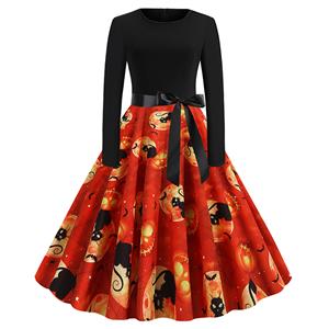 Fashion Halloween Pumpkin and Black Cat Printed Long Sleeve High Waist Belted Party Dress N19627