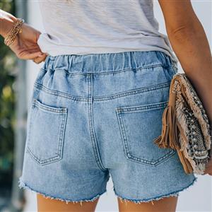 Women's Fashion Light-blue Water Wash Hole Burrs Elastic Waist Lacing Denim Shorts PT21196