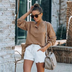 Women's Fashion White Water Wash Hole Burrs Elastic Waist Lacing Denim Shorts PT21197