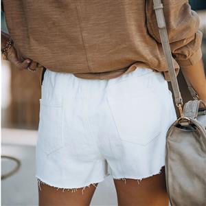 Women's Fashion White Water Wash Hole Burrs Elastic Waist Lacing Denim Shorts PT21197