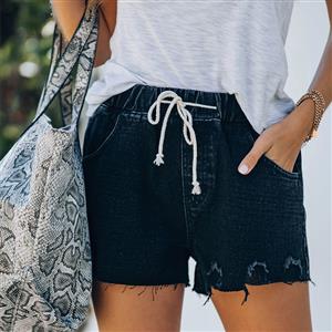 Women's Fashion Black Water Wash Hole Burrs Elastic Waist Lacing Denim Shorts PT21198