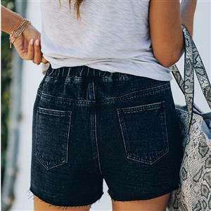 Women's Fashion Black Water Wash Hole Burrs Elastic Waist Lacing Denim Shorts PT21198