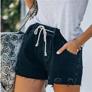 Women's Fashion Black Water Wash Hole Burrs Elastic Waist Lacing Denim Shorts PT21198