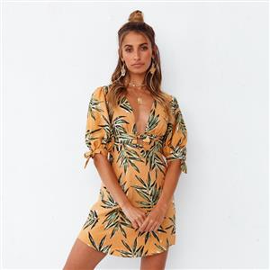Fashion Orange Leaves Print Deep V Neck Short Sleeve Lace-up High Waist Summer Dress N21170