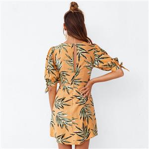 Fashion Orange Leaves Print Deep V Neck Short Sleeve Lace-up High Waist Summer Dress N21170