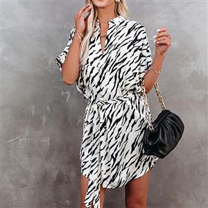 Fashion Leopard Print V Neck Short Sleeve Loose Lace-up Irregular Summer Mini Dress N21119